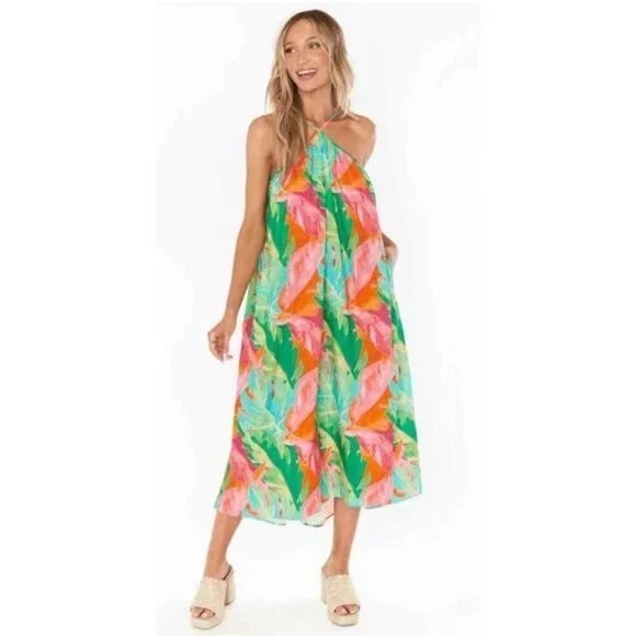 NWT Show me Your Mumu Lexington Midi Linen Blend Dress In Tropical Palm